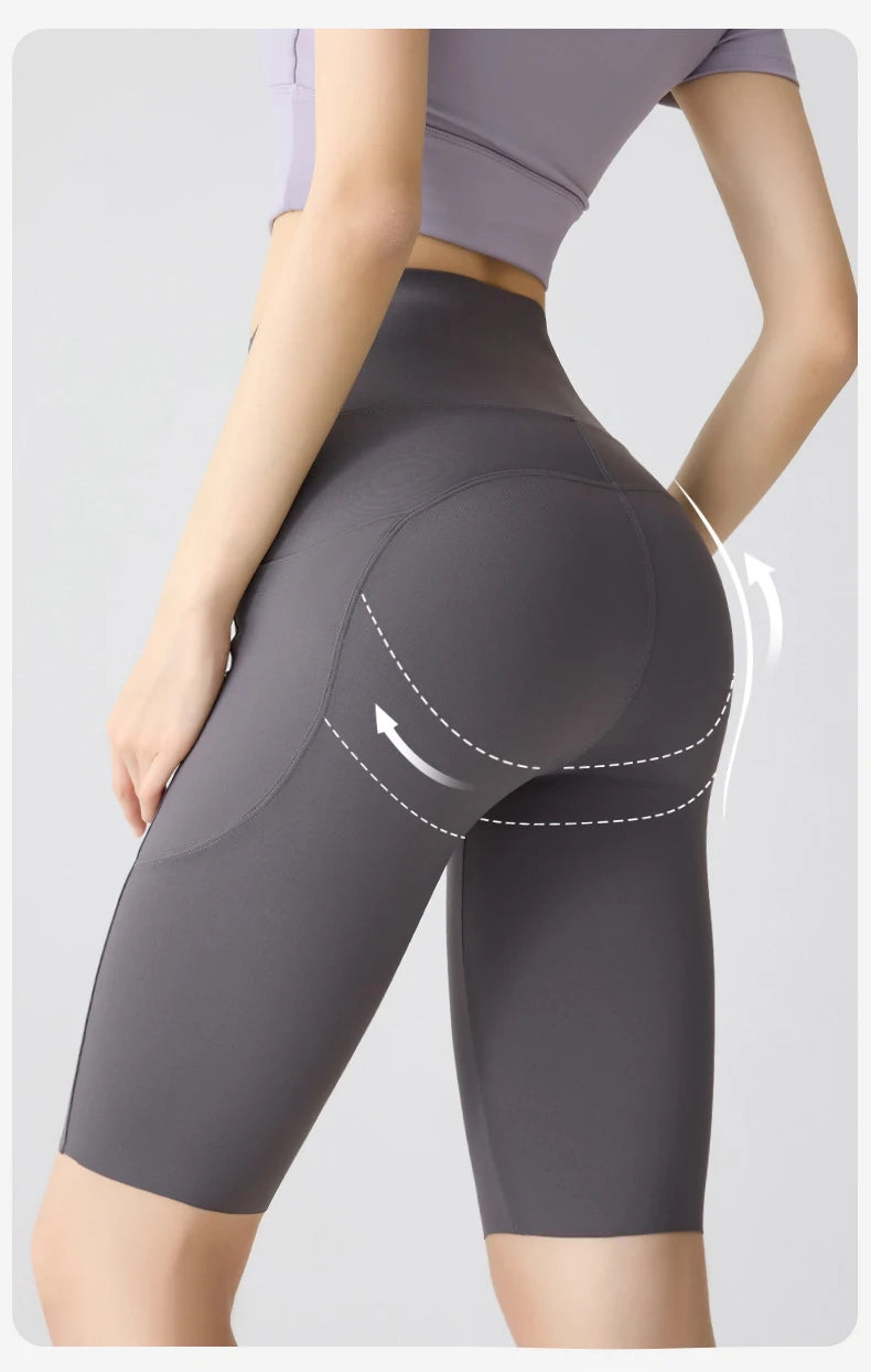 BIVIGAOS, pantalones cortos de verano con bolsillo para Yoga de piel de tiburón para bicicleta, pantalones cortos finos de cintura alta con realce, sensación desnuda, pantalones cortos deportivos para ciclismo y Fitness