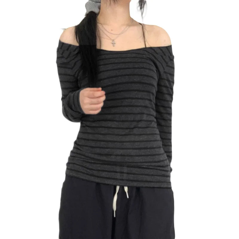 Lamuusaa Grunge Top y2k ropa mujer Cybercore rayas fuera del hombro Camiseta de manga larga 2000s ropa gótica ropa de calle de otoño