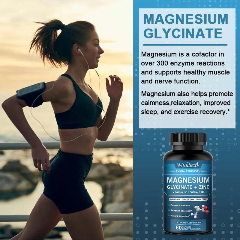 Mulittea Cápsula de magnesio de glicina con Zinc, vitamina D3 B6, salud de huesos y dientes, ayuda a dormir Natural, alivia la ansiedad