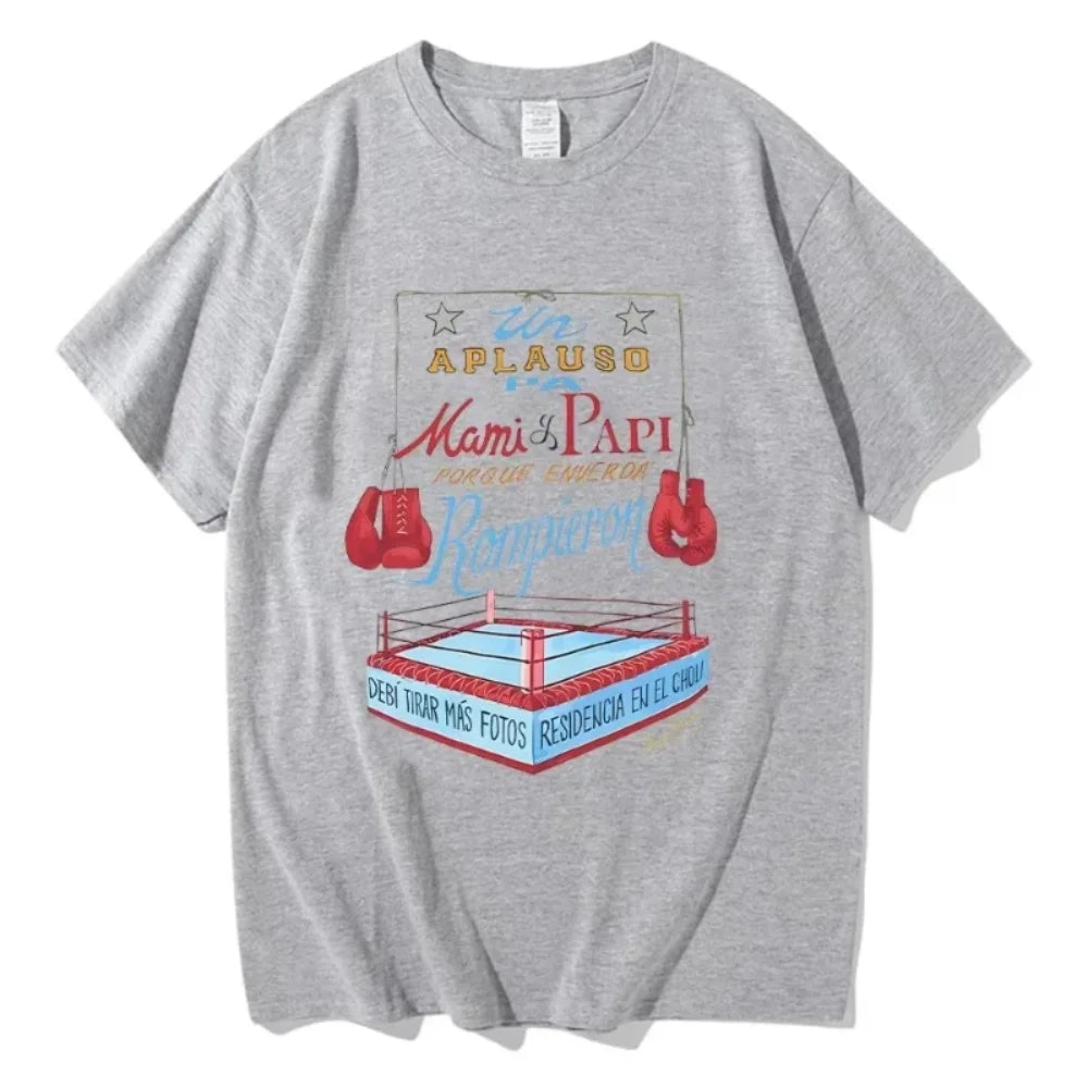 Bad Bunny DTMF Merch Boxing Tee Camiseta estética Unisex Estampado geométrico Cuello redondo Manga corta Estilo urbano Camiseta estampada
