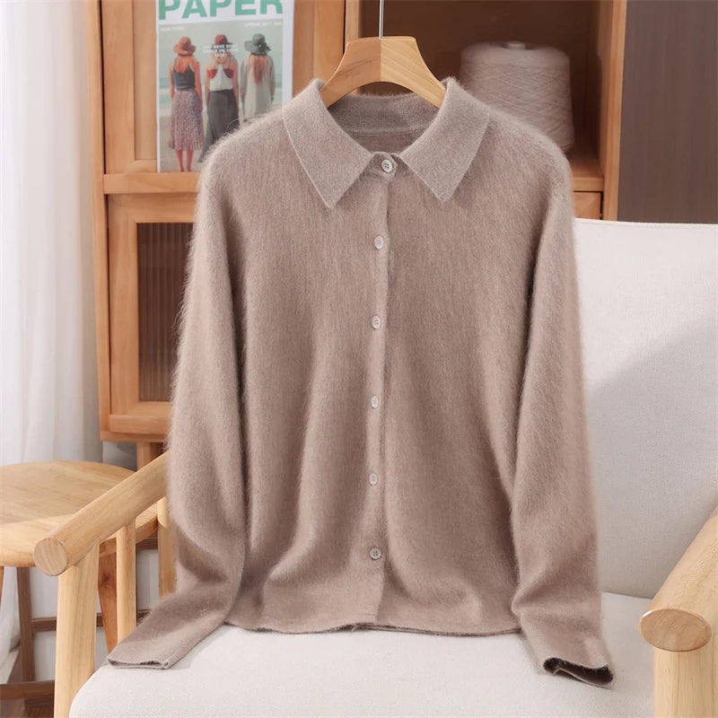 Otoño Invierno mujer 100% suéter de cachemira de visón puro con cuello Peter Pan y botones Preppy coreano Casual tejido de Color sólido