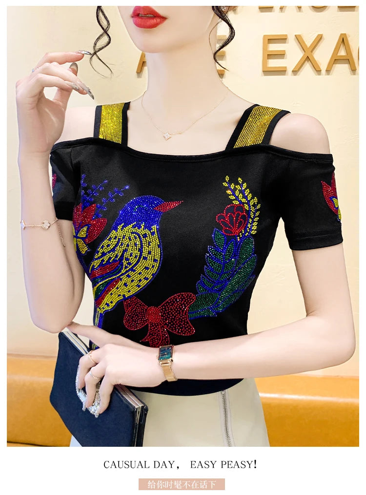 Ropa de calle europea, camiseta de marca para mujer, camisetas ajustadas de manga corta elegantes con diamantes brillantes para mujer