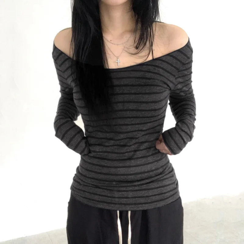 Lamuusaa Grunge Top y2k ropa mujer Cybercore rayas fuera del hombro Camiseta de manga larga 2000s ropa gótica ropa de calle de otoño