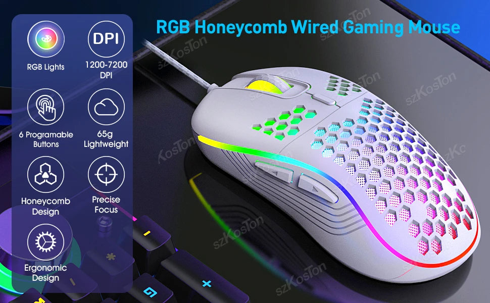 Mouse Gamer con Cable Honeycomb, Retroiluminación RGB, 7200 DPI Ajustables, Ergonómico, USB, para PC con Windows y Gamers de Laptop