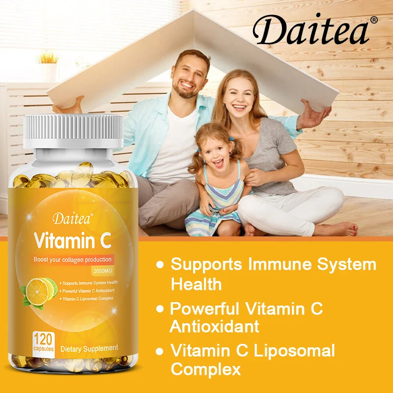 Cápsulas de vitamina C - 2000 mg, promueven la producción de colágeno, apoyan la piel y la salud inmunitaria, potente antioxidante, 120 cápsulas
