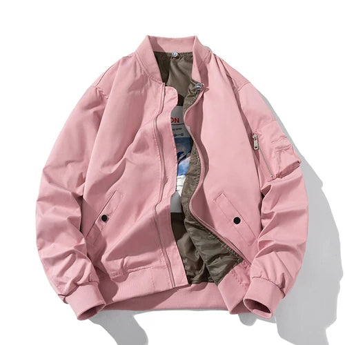 Chaqueta Bomber para hombre y mujer, chaqueta de piloto lisa de otoño e invierno, abrigo de béisbol con capucha Vintage a la moda, cortavientos informal, rojo, rosa, Borgoña
