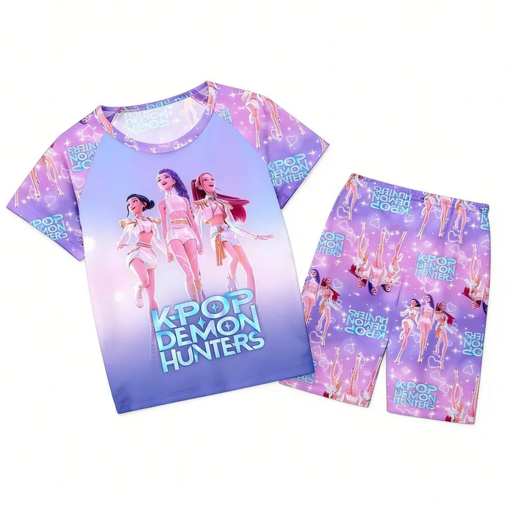 Conjuntos de pijamas para niñas, pijamas de verano para niños pequeños de 3 a 8, 10, 11 y 12 años, Kpop Demon Hunters, camisetas y pantalones cortos, conjunto de pijamas de dos piezas