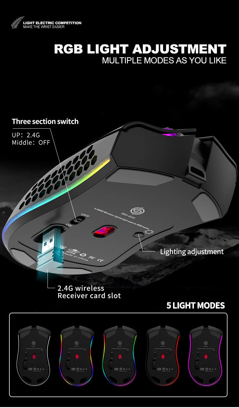 Ratón inalámbrico BM600 para juegos, periférico con luz RGB, recargable por USB, 2,4G, bonito