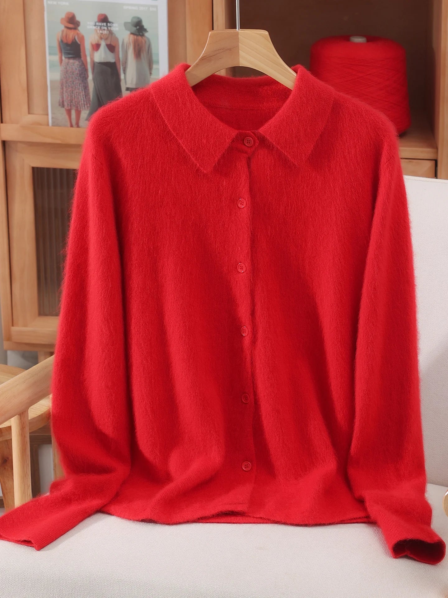 Otoño Invierno mujer 100% suéter de cachemira de visón puro con cuello Peter Pan y botones Preppy coreano Casual tejido de Color sólido