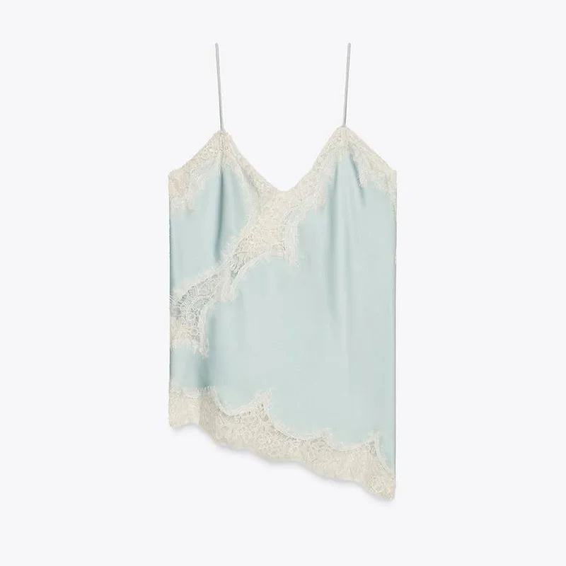 Verano mujeres Halter Top satén encaje empalmado tanque sin espalda cuello profundo Sexy chaleco dobladillo Irregular Vestidos 2025 señora vacaciones Sexy Tops