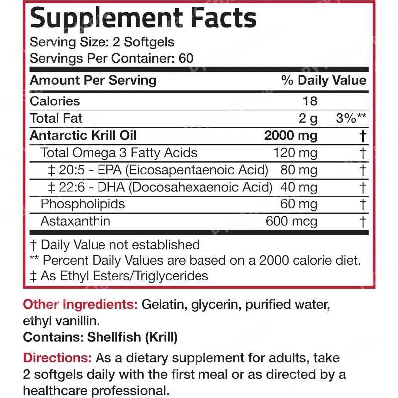Aceite de Krill Antártico 2000mg con Omega-3 EPA DHA Astaxantina y Fosfolípidos, Suplemento Dietético Antioxidante Natural, 120 Cápsulas Blandas