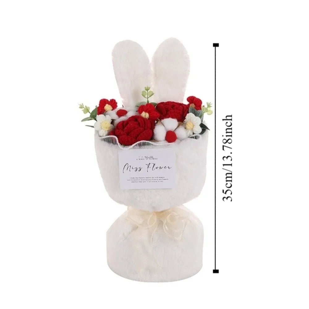 Ramo de flores de ganchillo con orejas de conejo, ramo de flores completo hecho a mano con bolsa de regalo, ramo de rosas de punto creativo para el día de la madre