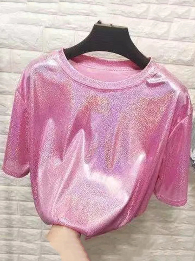 Tops de verano para mujer, camiseta holgada brillante de manga corta, camiseta sexy de estética para club harajuku, camiseta elegante de seda brillante para mujer