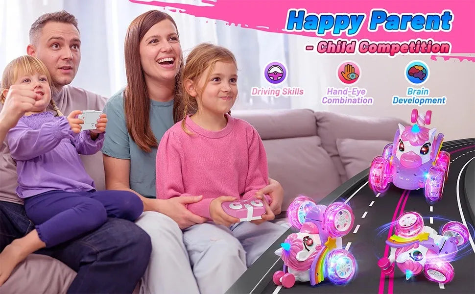 Coche teledirigido unicornio para niñas, 360 °   Coches RC acrobáticos giratorios 4WD con luces lindas, juguetes recargables para niños para regalos de cumpleaños