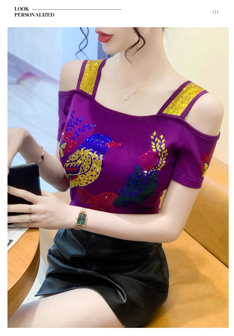 Ropa de calle europea, camiseta de marca para mujer, camisetas ajustadas de manga corta elegantes con diamantes brillantes para mujer