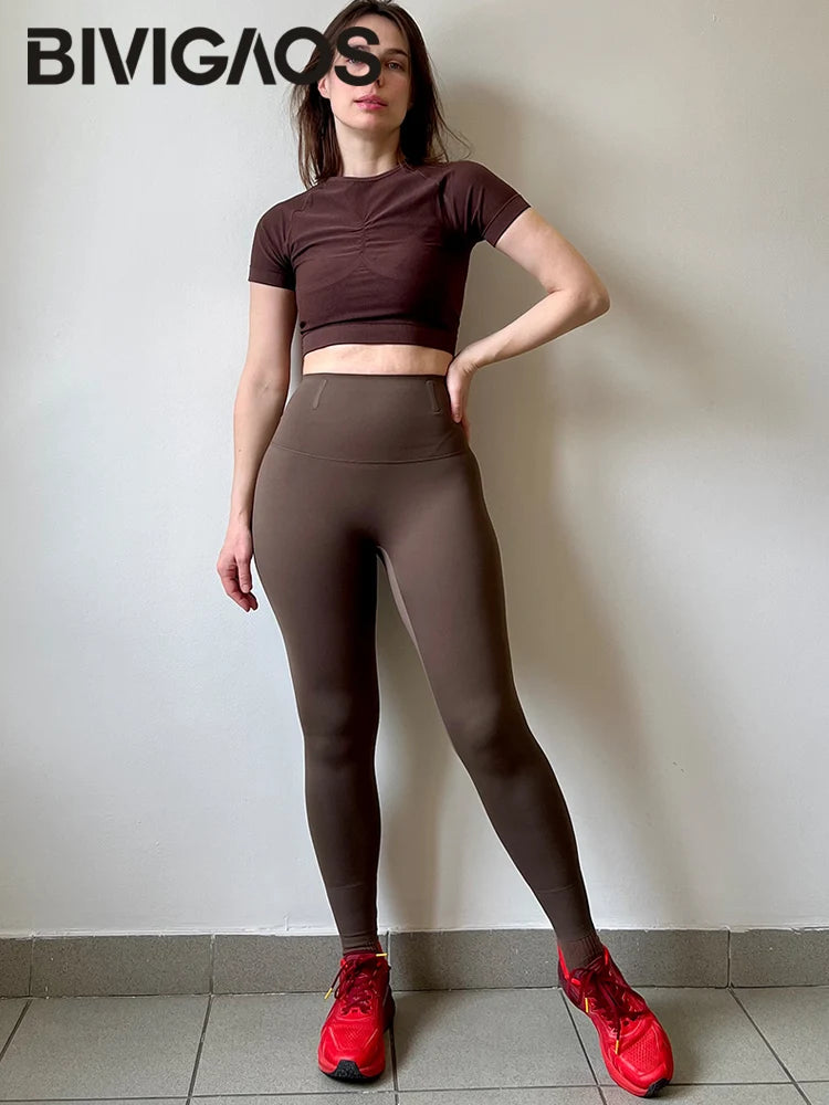 BIVIGAOS-mallas deportivas ajustadas de cintura alta sin costuras para mujer, Leggings de deporte para Fitness, temporada Primavera Verano
