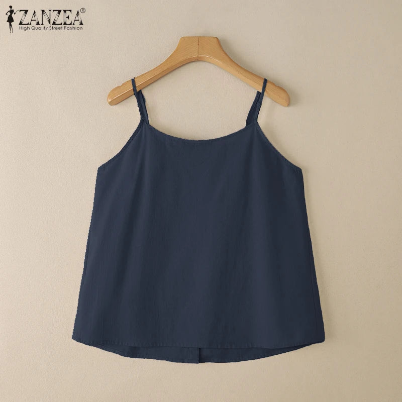 2025 camisetas sin mangas de verano para mujer ZANZEA moda Spaghetti Strap Blusa de algodón Casual suelta sólida playa Camis sin mangas camisa de vacaciones