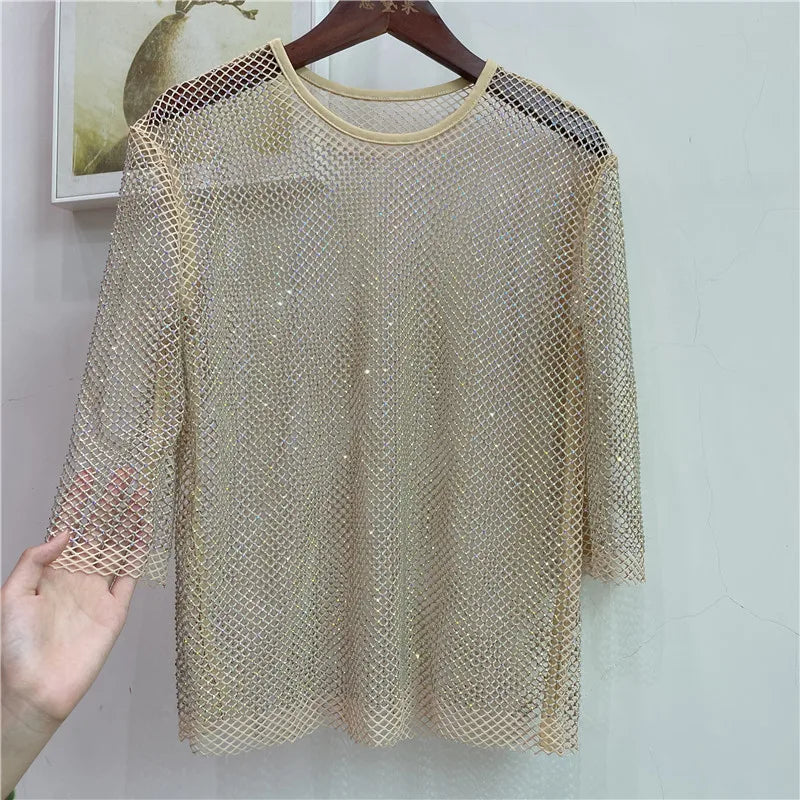 ColorShiny Diamonds-Camiseta básica de sílabas eléctricas para mujer, Top ajustado de cristal con cuello redondo, media manga, Sexy, para fiesta y Club