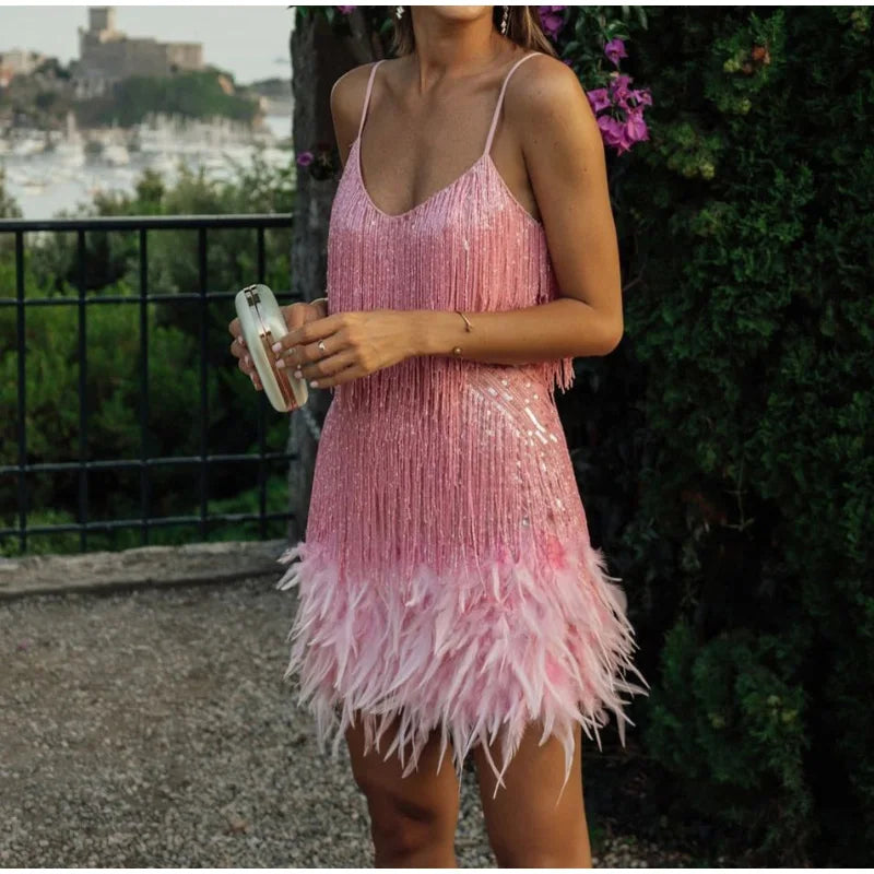 2025 nuevo Sexy borla lentejuelas pluma Mini vestido mujeres Spaghetti Strap costura vestidos mujer elegante vestido de fiesta de noche Club