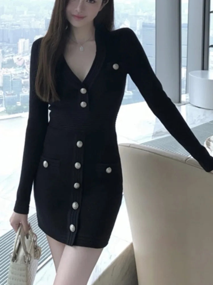 Otoño Invierno suéter vestidos femeninos mujeres Vintage manga larga ajustado Sexy ceñido al cuerpo vestido coreano moda Casual bata Mujer