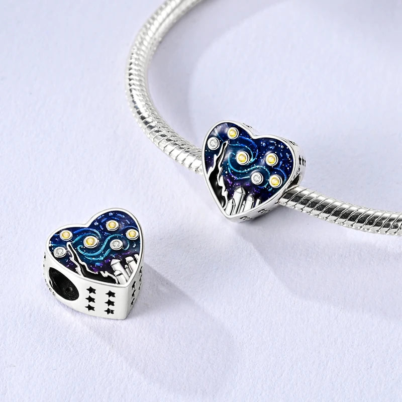 Abalorio de Plata de Ley 925 con Forma de Corazón y Cielo Estrellado, Abalorio Familiar de Madre, Hija e Hermana, Compatible con Pulseras, Colgante, Joyería DIY para Mujer, Regalo
