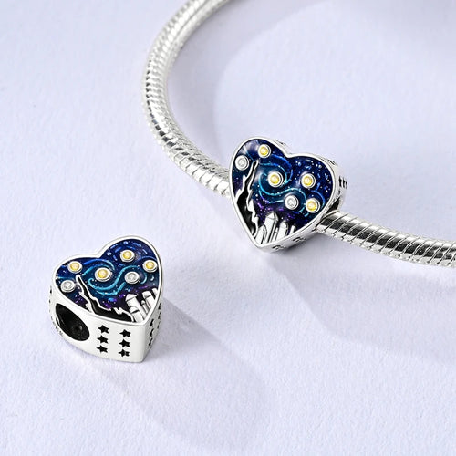 Abalorio de Plata de Ley 925 con Forma de Corazón y Cielo Estrellado, Abalorio Familiar de Madre, Hija e Hermana, Compatible con Pulseras, Colgante, Joyería DIY para Mujer, Regalo