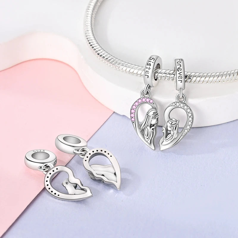Abalorio de Plata de Ley 925 con Forma de Corazón y Cielo Estrellado, Abalorio Familiar de Madre, Hija e Hermana, Compatible con Pulseras, Colgante, Joyería DIY para Mujer, Regalo