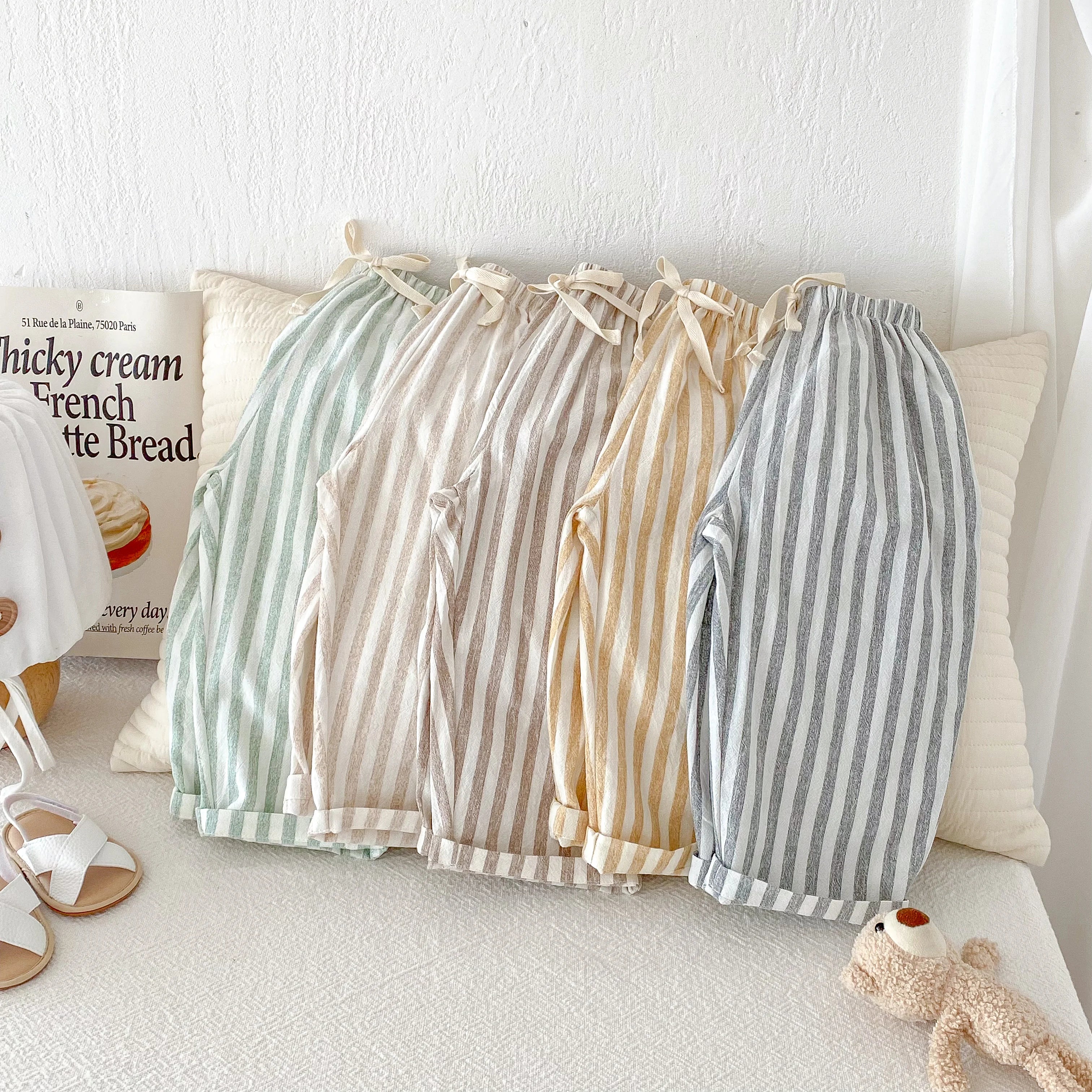 Pantalones Vintage de lino y algodón a rayas para niños, pantalones informales con diseño de bolsillo, pantalones de cintura elástica para niño niña, ropa, pantalones para niños