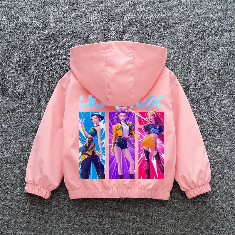 Chaqueta Cortavientos para Niñas Adolescentes K-pop Demon Hunters 2026 Primavera Otoño, Chaqueta con Capucha Estampada de Dibujos Animados, Ropa Exterior Impermeable