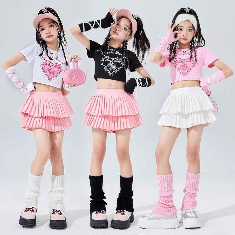 Ropa bonita de Hip Hop para chico, camiseta corta con estampado rosa, mangas, minifalda plisada en capas blancas para niñas, tra