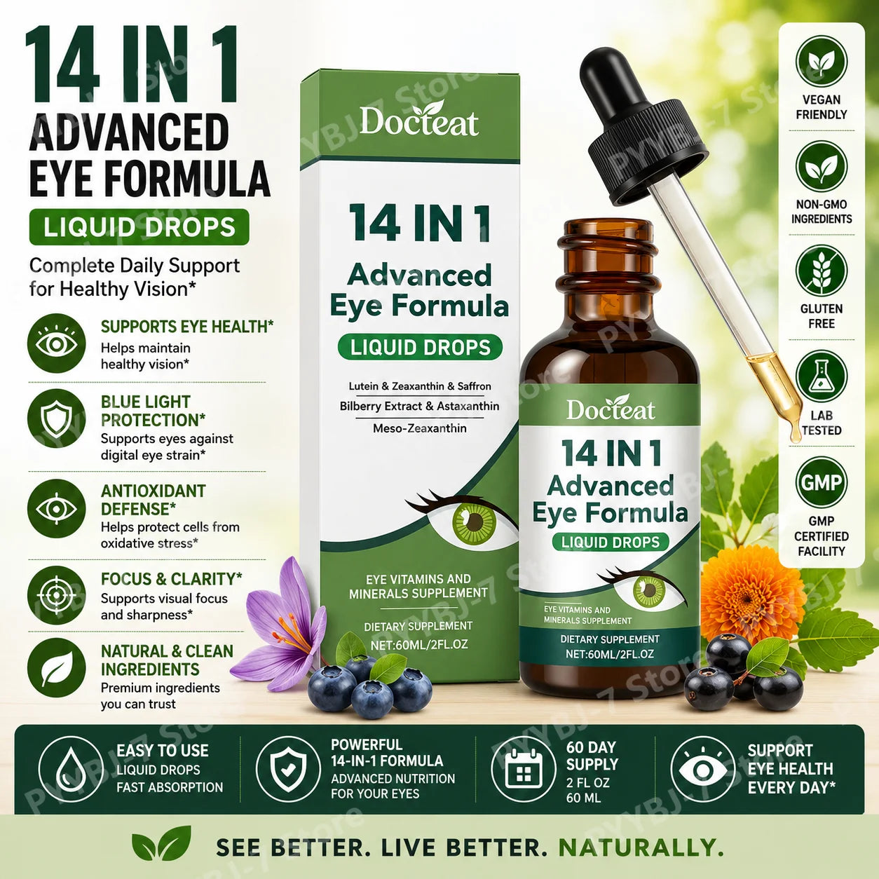 Suplemento Líquido Diario para el Bienestar Ocular 14 en 1 con Luteína, Zeaxantina, Arándano, Azafrán, Astaxantina, Mezcla de Nutrientes Vegetales, 60 ml