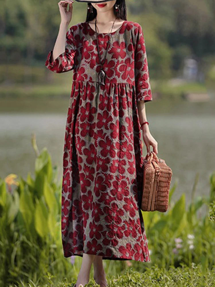 Vestido Floral Vintage mujer 2025 ZANZEA otoño Vestidos largos bohemios Casual manga larga Maxi Vestidos bata suelta Mujer de gran tamaño