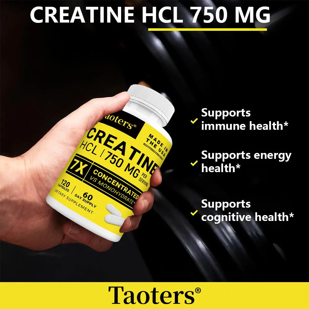Cápsulas de creatina HCL-750 mg, soporte de energía muscular, cognitiva y celular, aumenta la energía, la resistencia y mejora el rendimiento atlético