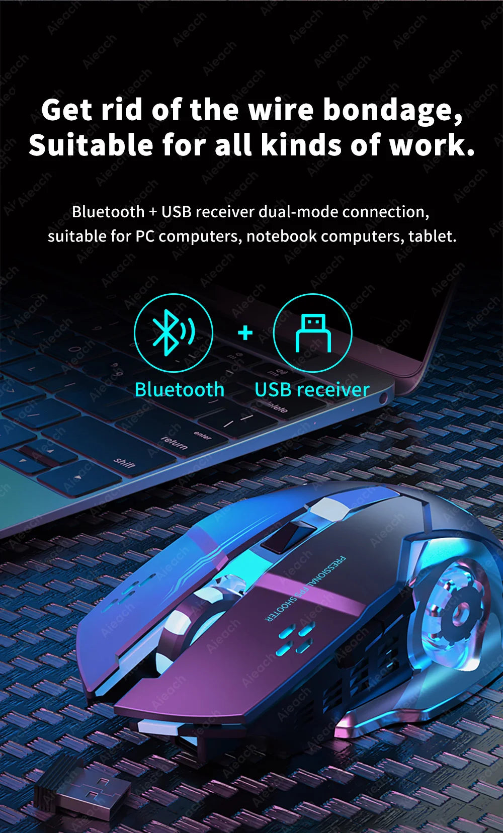 Ratón inalámbrico para juegos Bluetooth 2,4g USB recargable ergonómico diseño de retroiluminación mecánica para ordenador portátil PC Gamer