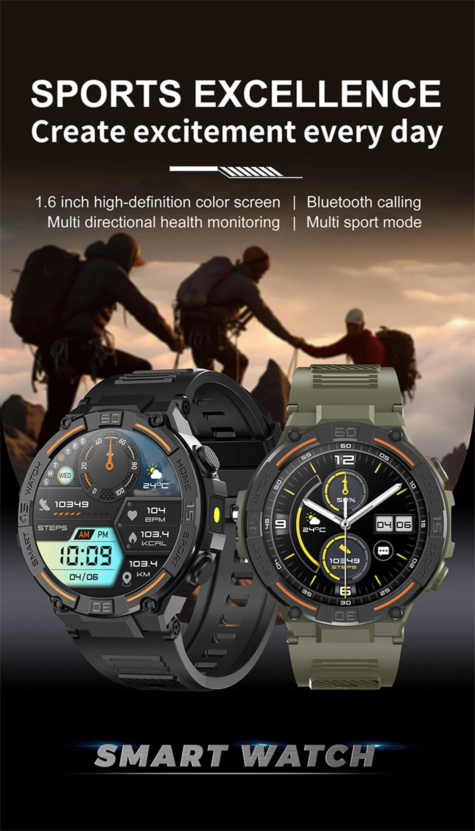 Reloj inteligente militar resistente al aire libre para hombres, GPS, deportes, Fitness, resistente al agua, llamada Bluetooth con luces LED, reloj inteligente