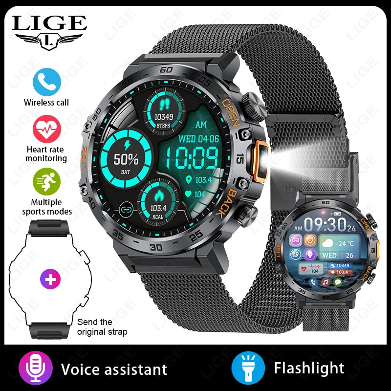 LIGE 2024 reloj inteligente para hombres 360*360 pantalla AMOLED HD relojes deportivos impermeables para Fitness linterna nueva reloj inteligente para hombres para Andrio IOS
