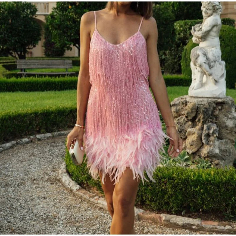 2025 nuevo Sexy borla lentejuelas pluma Mini vestido mujeres Spaghetti Strap costura vestidos mujer elegante vestido de fiesta de noche Club