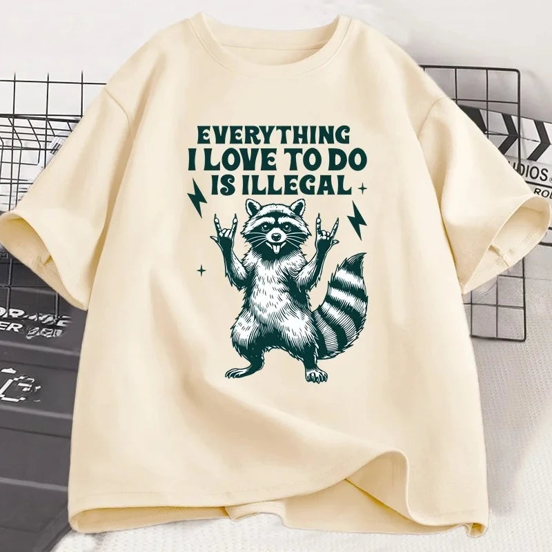 Camiseta divertida con patrón de mapache, camiseta de humor, pantalón corto informal para mujer, camiseta de manga Harajuku, ropa para mujer, camisetas gráficas Y2K