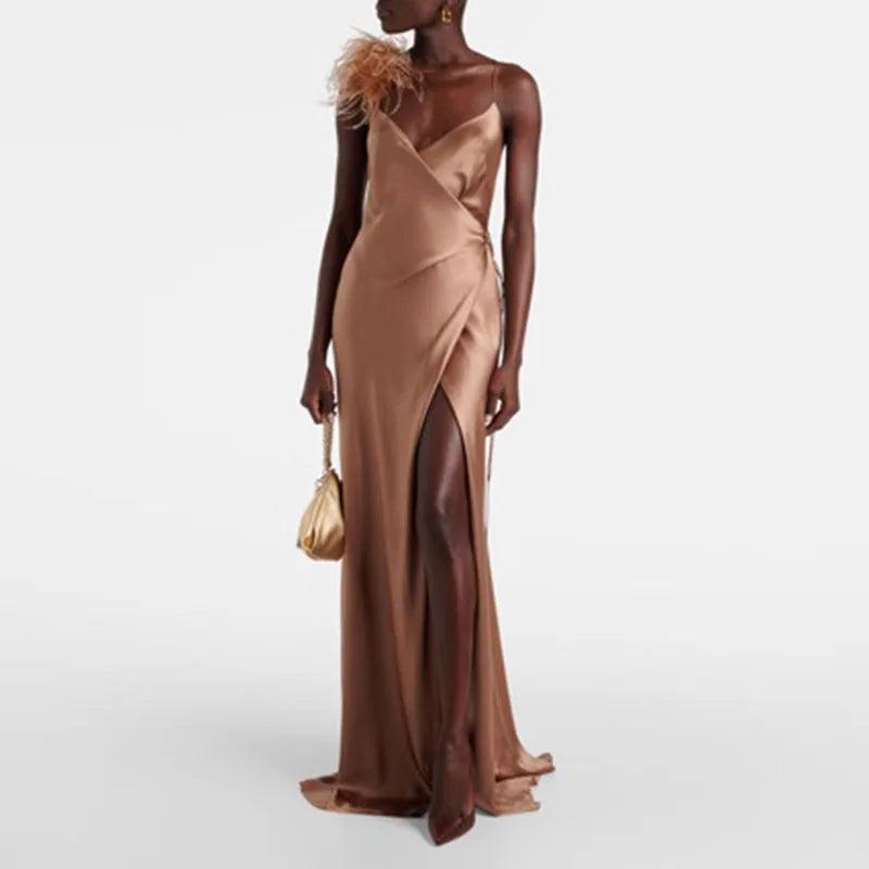 Vestidos de Fiesta de Satén con Cuello en V y Cintura Cruzada, Elegantes Vestidos Largos de Satén con Abertura Alta para Mujer, Vestidos Maxi Huecos sin Espalda para Primavera y Verano