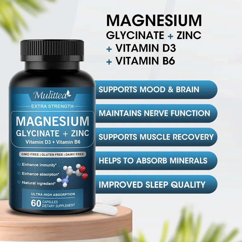 Mulittea Cápsula de magnesio de glicina con Zinc, vitamina D3 B6, salud de huesos y dientes, ayuda a dormir Natural, alivia la ansiedad