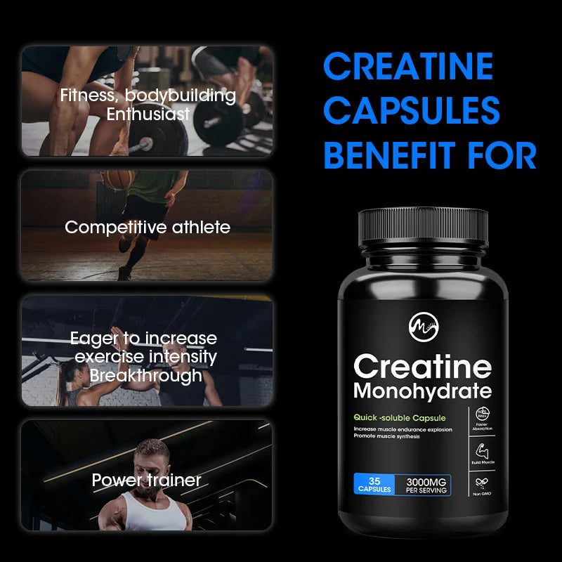 Cápsulas de monohidrato de creatina, proteínas de suero de rendimiento energético para recuperación de entrenamiento de masa muscular, suplemento energético para hombres