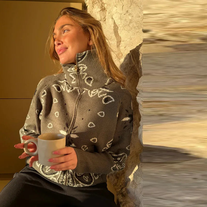 Cárdigan Vintage de punto Jacquard con cuello levantado para mujer, suéter holgado con bolsillos de manga larga y cremallera, prendas de punto suaves para primavera 2026