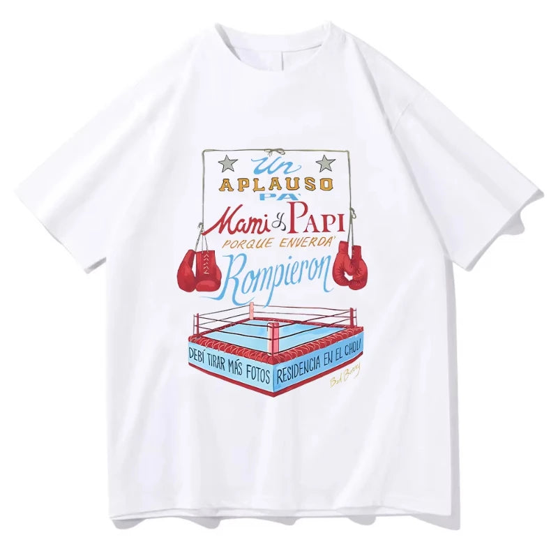 Bad Bunny DTMF Merch Boxing Tee Camiseta estética Unisex Estampado geométrico Cuello redondo Manga corta Estilo urbano Camiseta estampada