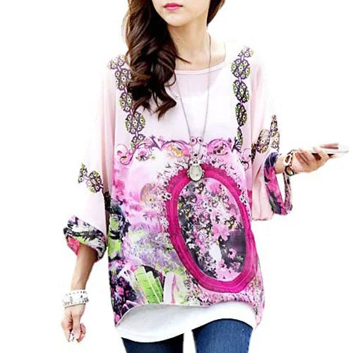 Novedad 2015 de mini vestidos casuales de gasa con estampado de flores para señoras, vestidos estilo bohemio con manga de murciélago en tallas grandes 4XL 5XL 6XL