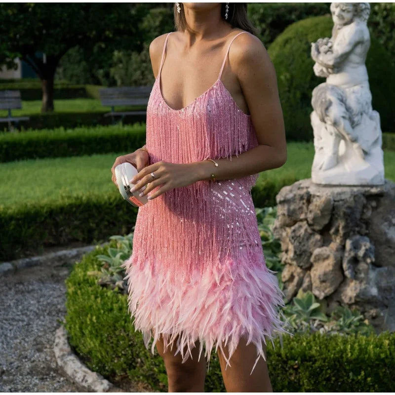 2025 nuevo Sexy borla lentejuelas pluma Mini vestido mujeres Spaghetti Strap costura vestidos mujer elegante vestido de fiesta de noche Club