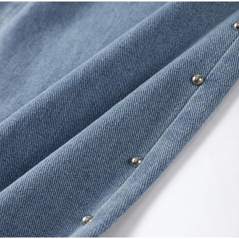 Pantalones vaqueros elegantes con decoración de perlas para mujer, pantalones de pierna ancha de cintura alta, ropa de calle nueva de moda, pantalones de lujo 2025