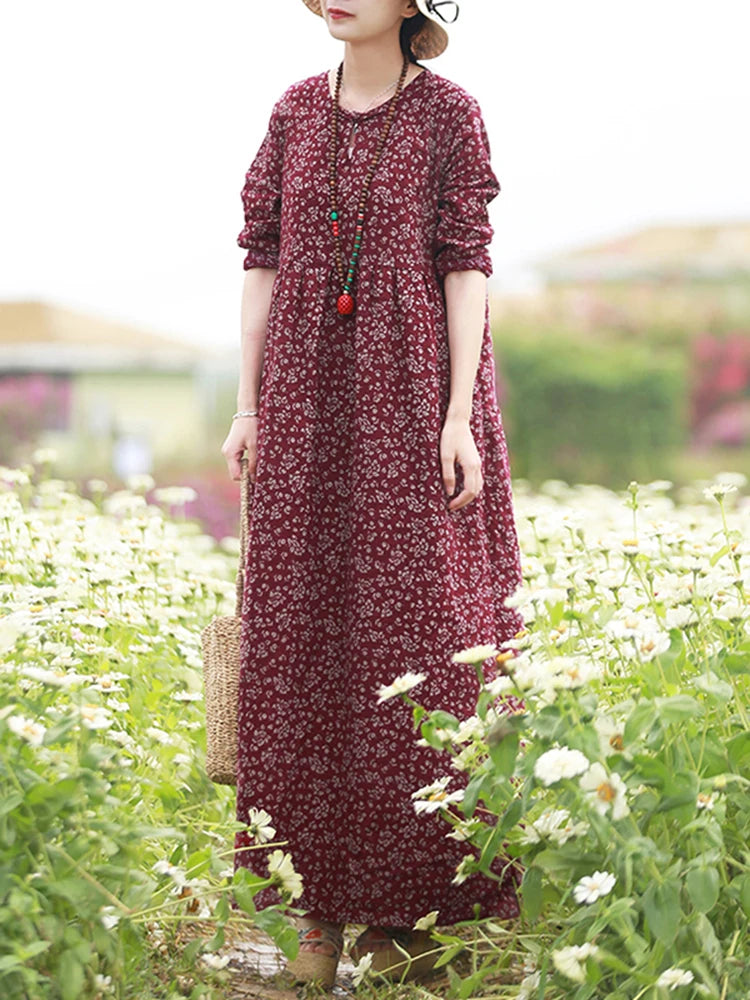 Vestido Floral Vintage mujer 2025 ZANZEA otoño Vestidos largos bohemios Casual manga larga Maxi Vestidos bata suelta Mujer de gran tamaño