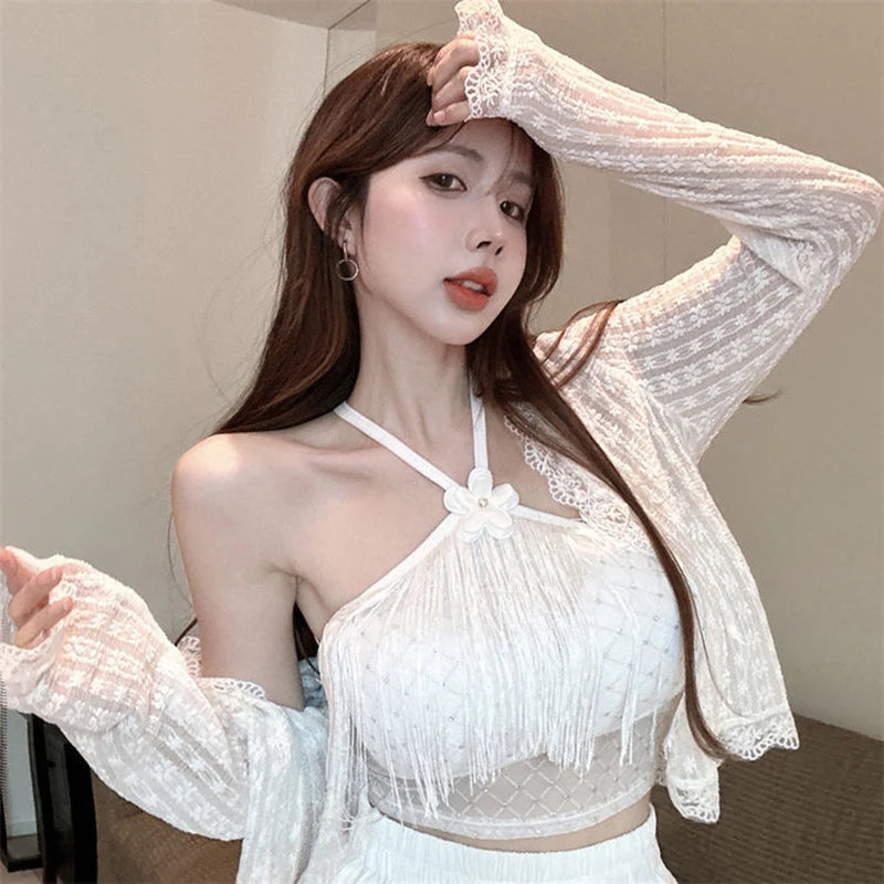 Camisola Sexy con cuello Halter y borlas para mujer, camiseta sin mangas ajustada de Color sólido