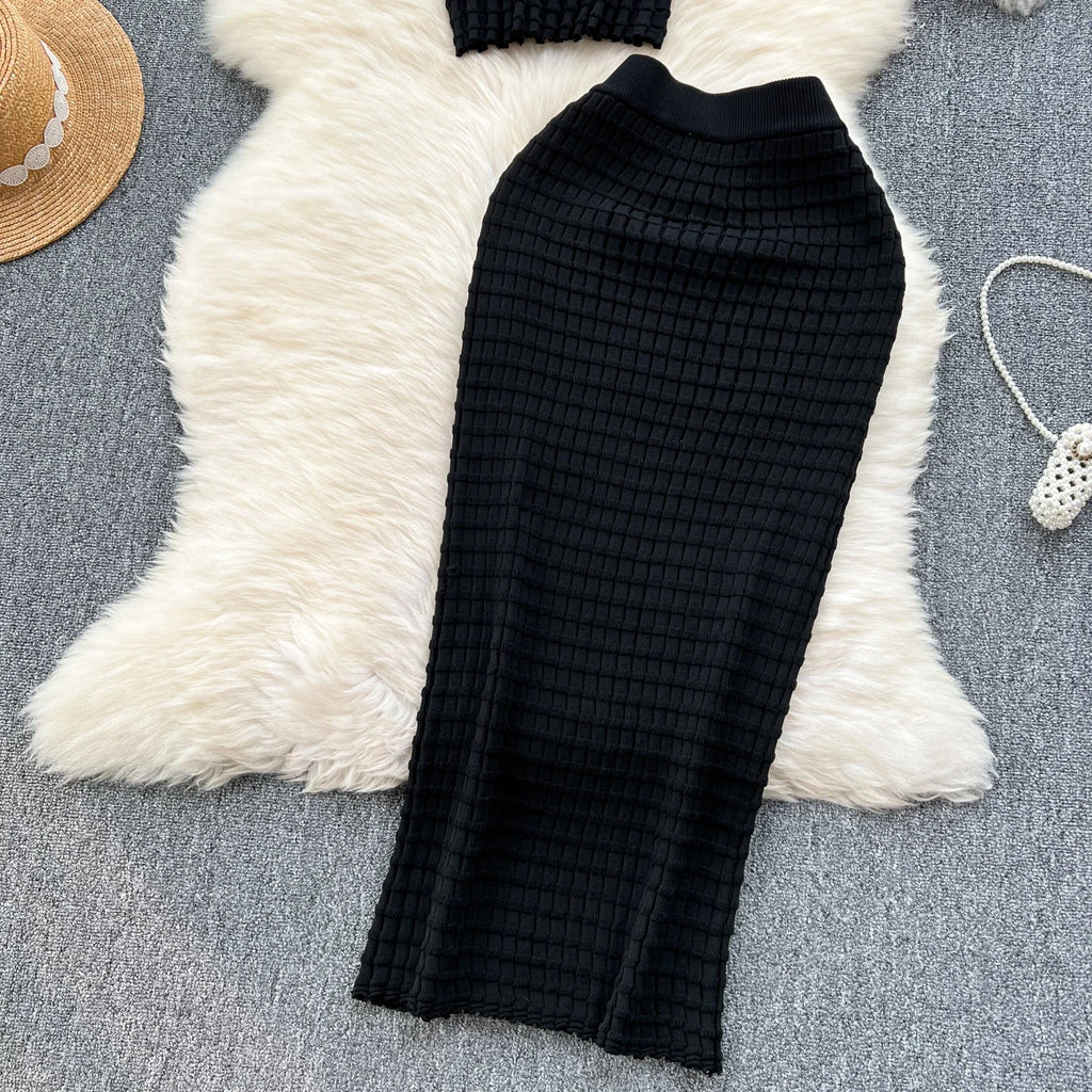 Conjunto de falda de moda de verano para mujer, camisetas sin mangas Sexy, cintura alta, Saya larga delgada, trajes de dos piezas, ropa de punto sólida