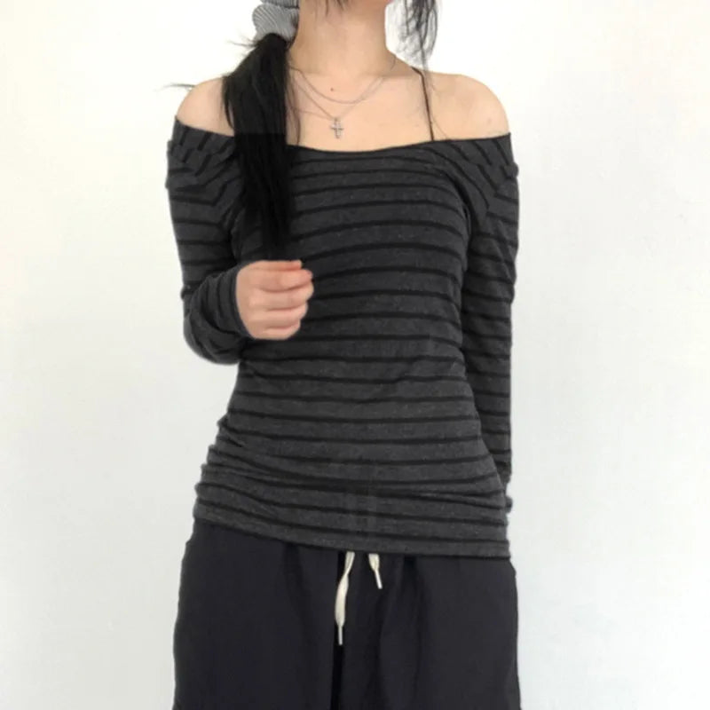 Lamuusaa Grunge Top y2k ropa mujer Cybercore rayas fuera del hombro Camiseta de manga larga 2000s ropa gótica ropa de calle de otoño